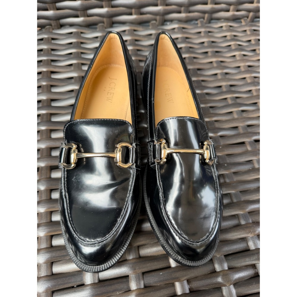 J.Crew Womens Classic Black Patent Loafers Gold Horsebit Hardware Size 7 Preppy